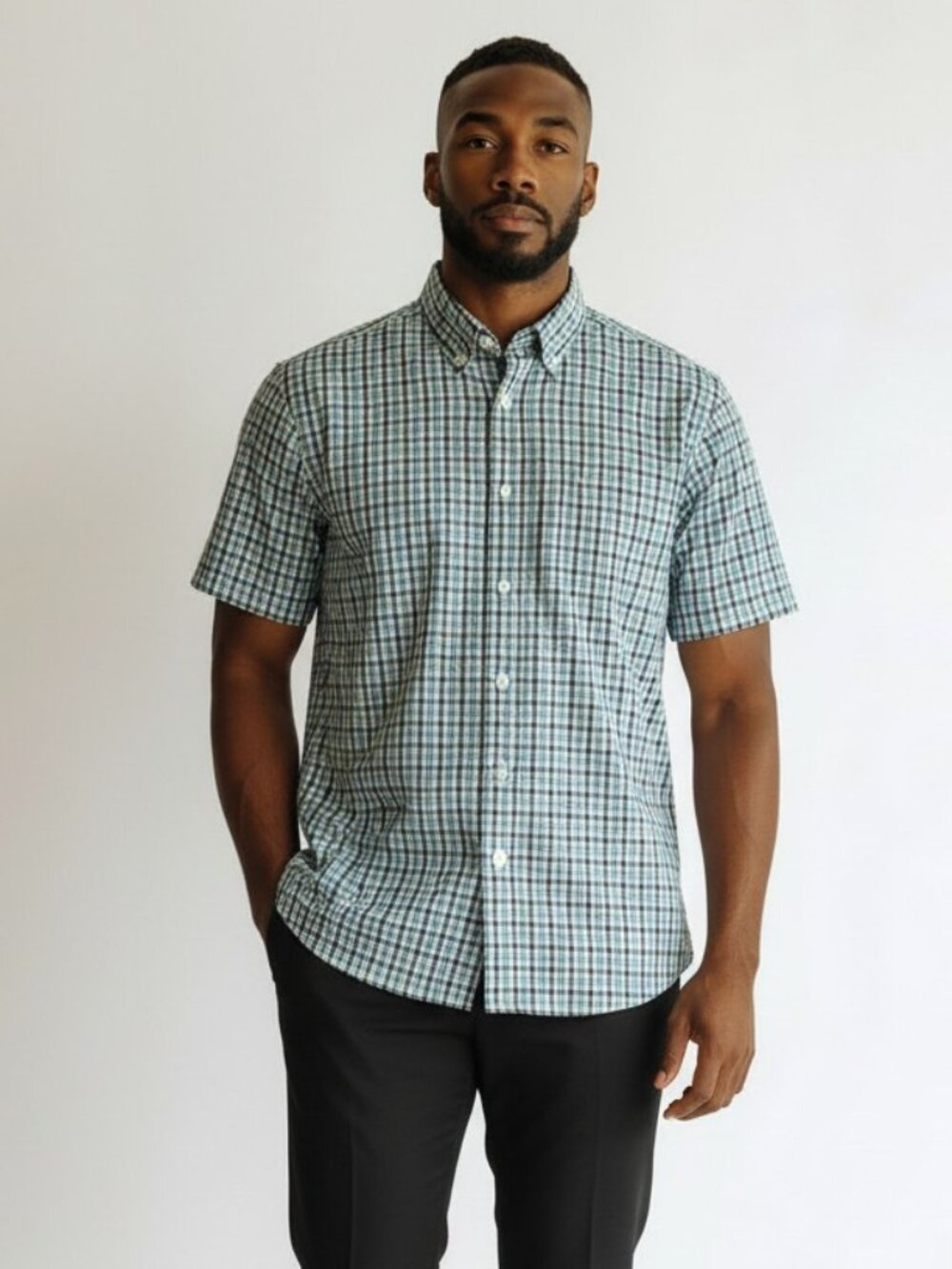 Van Heusen | Men's Shirt - ShortSleeve, Plaid White, Teal Blue, Black | XL